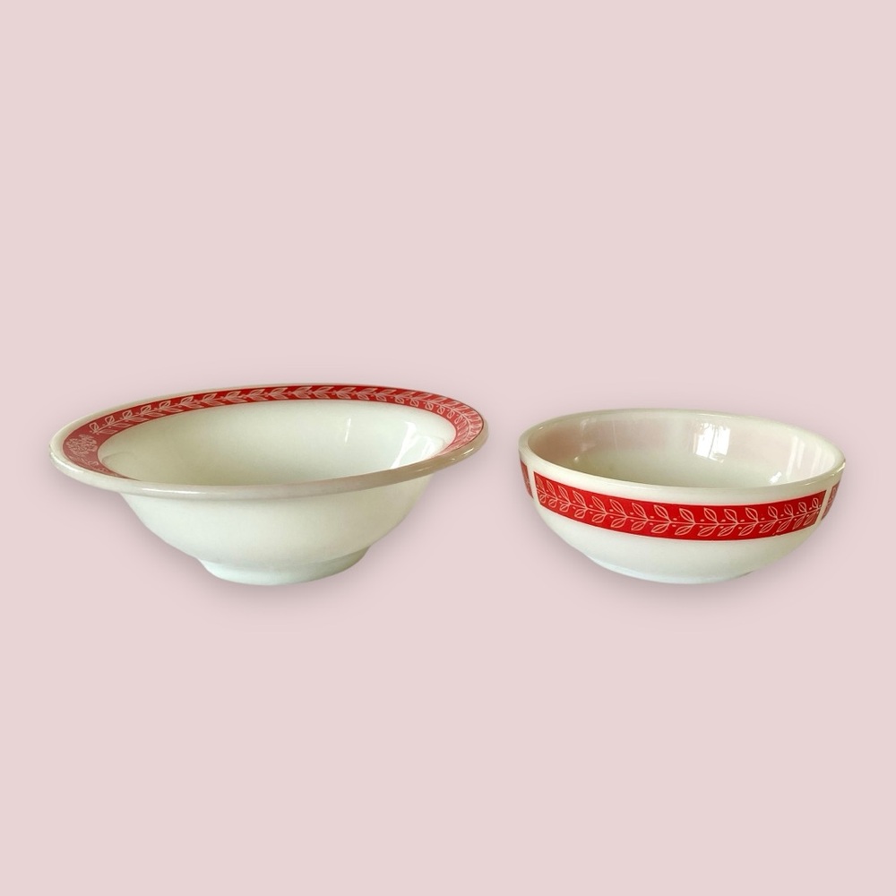 Vintage Anchor Hocking Fire King Revel Red Laurel Rimmed Bowls Set of 2